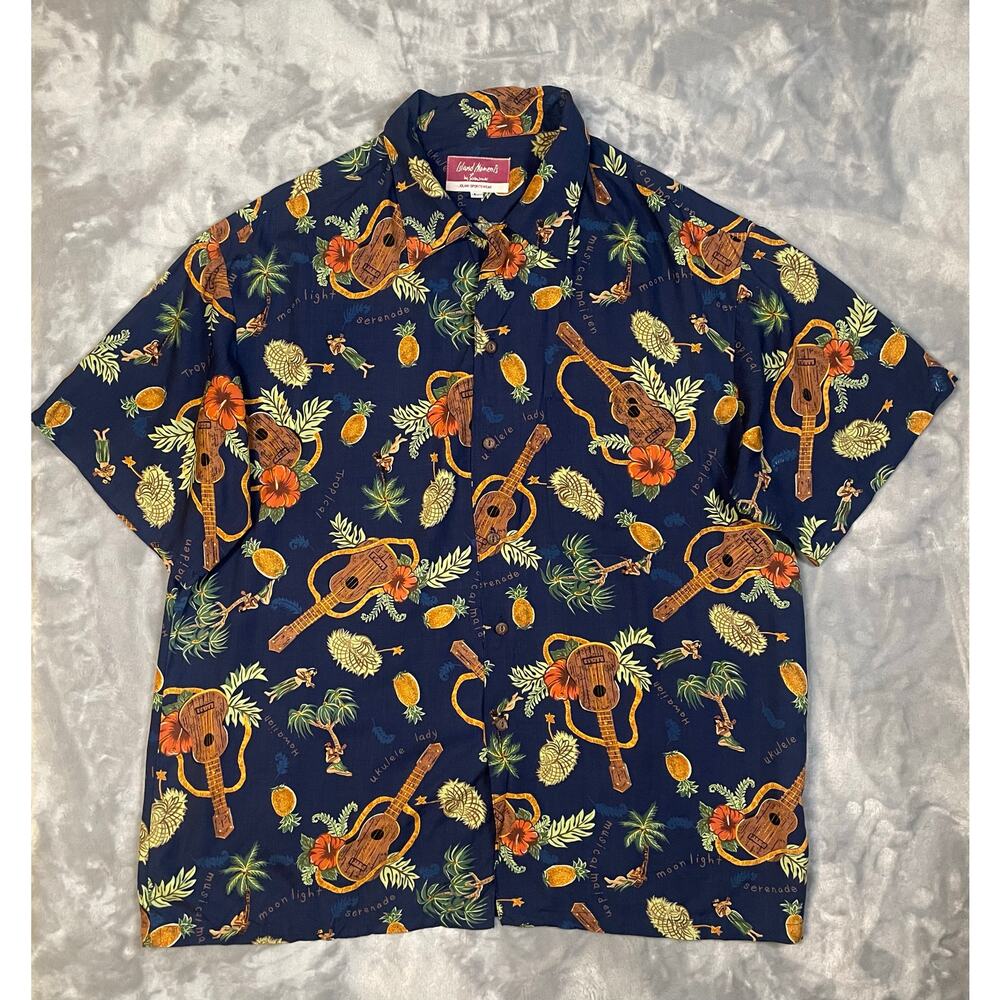 1950’s style Hawaiian shirt L ukelele hula girl pineapple lei VLV rockabilly